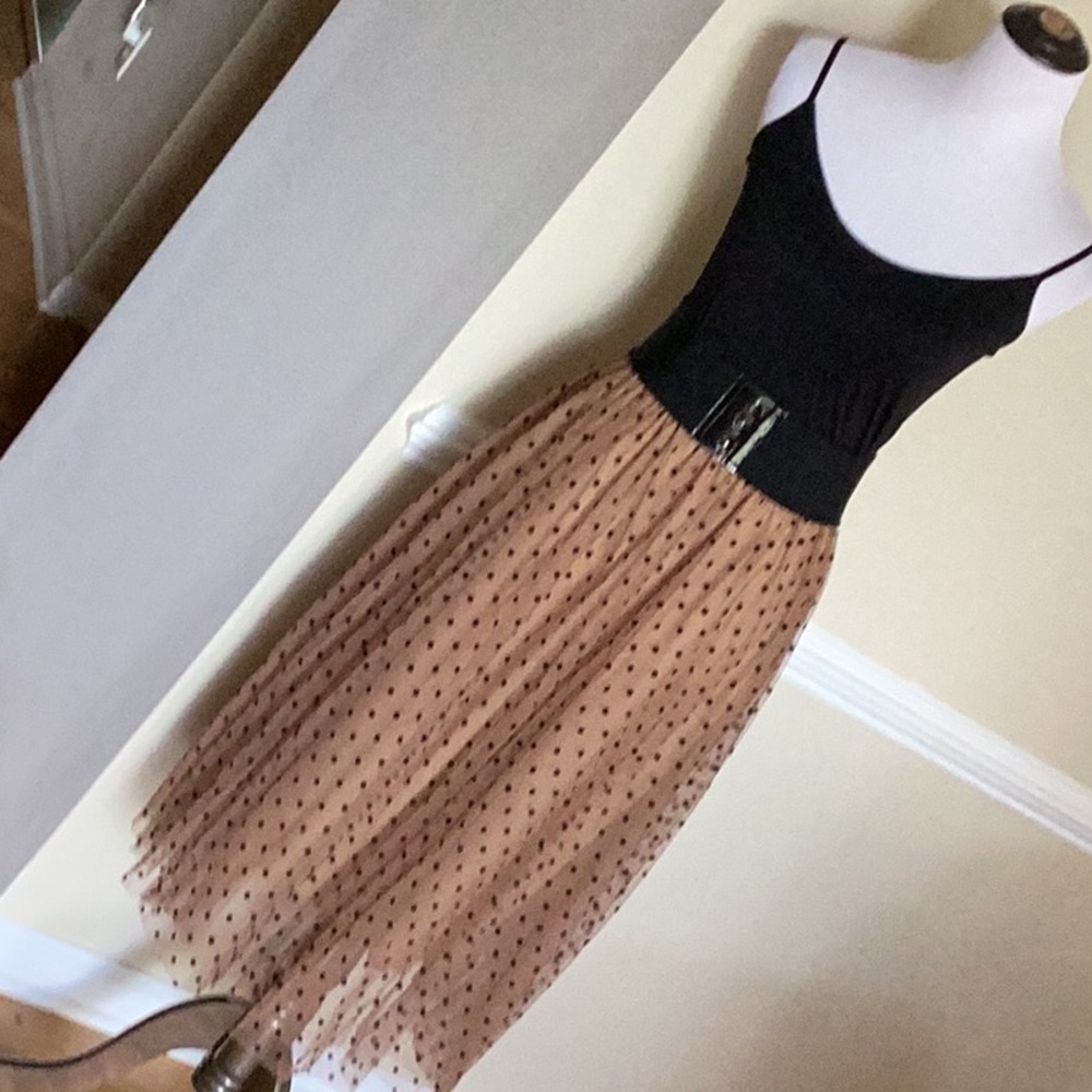 NEW taupe gathered skirt with black flocked polka dots.  Elastisized waist.